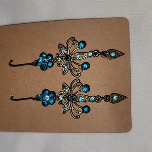 Teal Rhinestone Flower Earrings